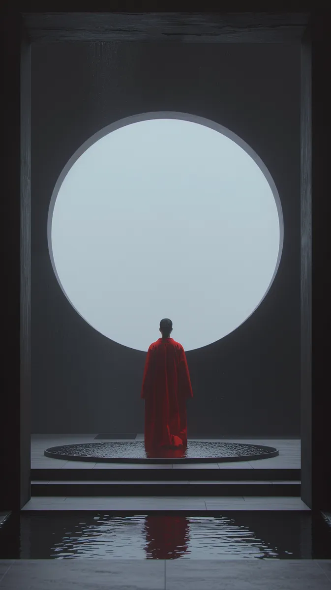 Woman in red robe at portal