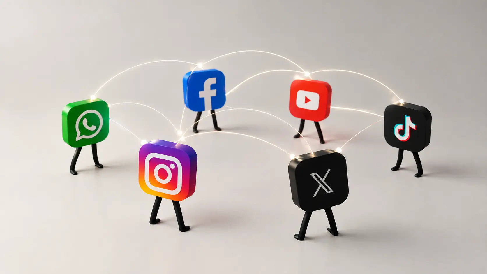Social platform logos rendered as connected figures, linked by glowing network arcs