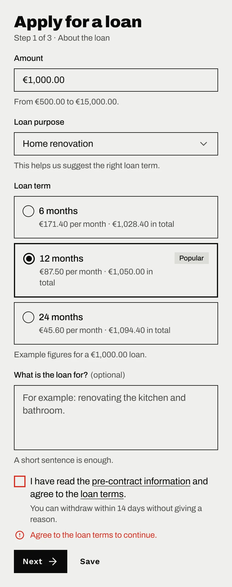 Loan application form in the Brutalist brand: amount, purpose, loan term radio cards, an optional note and a consent checkbox in its error state