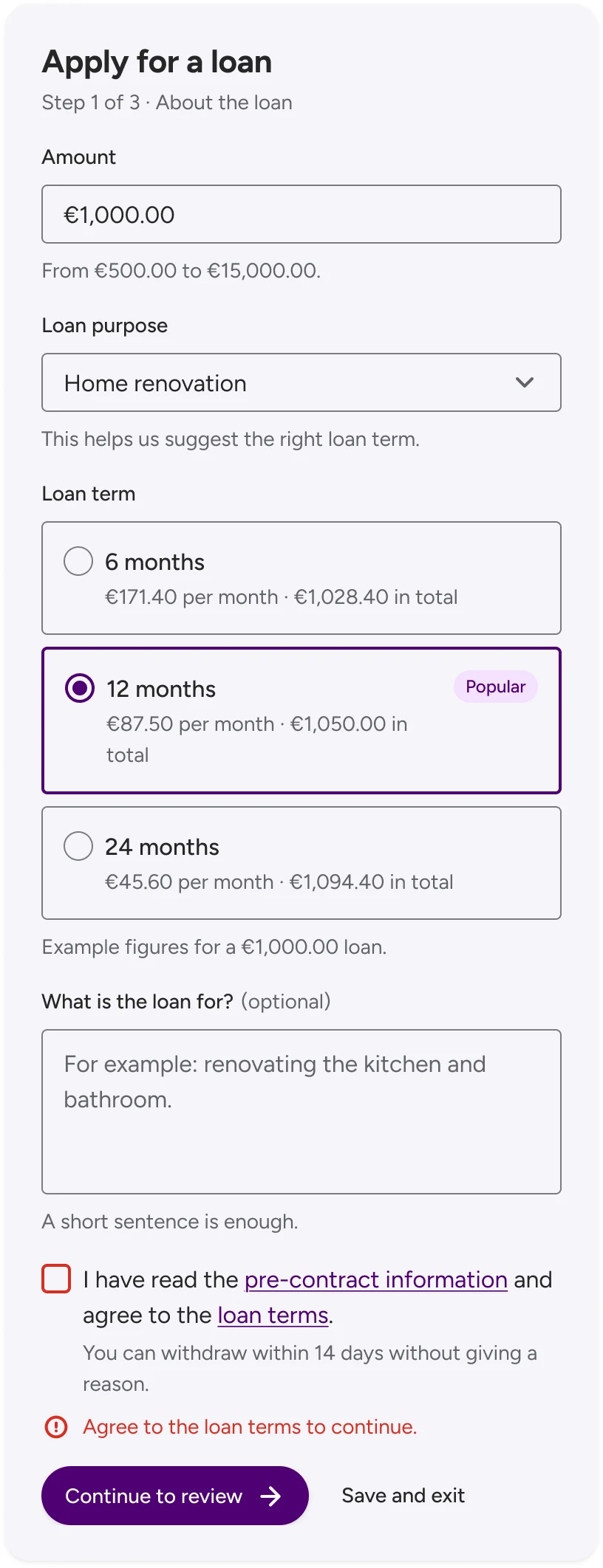 Loan application form in the Business brand: amount, purpose, loan term radio cards, an optional note and a consent checkbox in its error state