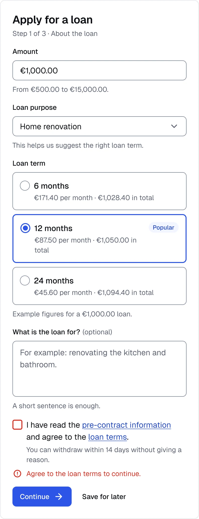 Loan application form in the Core brand: amount, purpose, loan term radio cards, an optional note and a consent checkbox in its error state