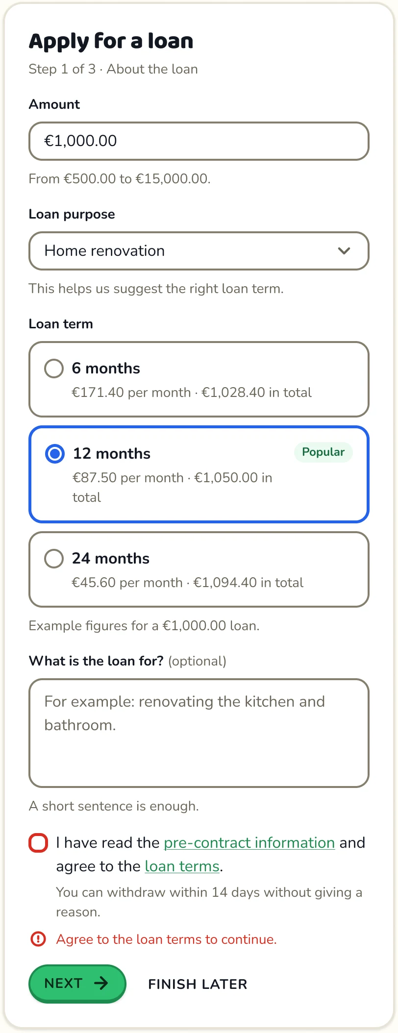 Loan application form in the Play brand: amount, purpose, loan term radio cards, an optional note and a consent checkbox in its error state