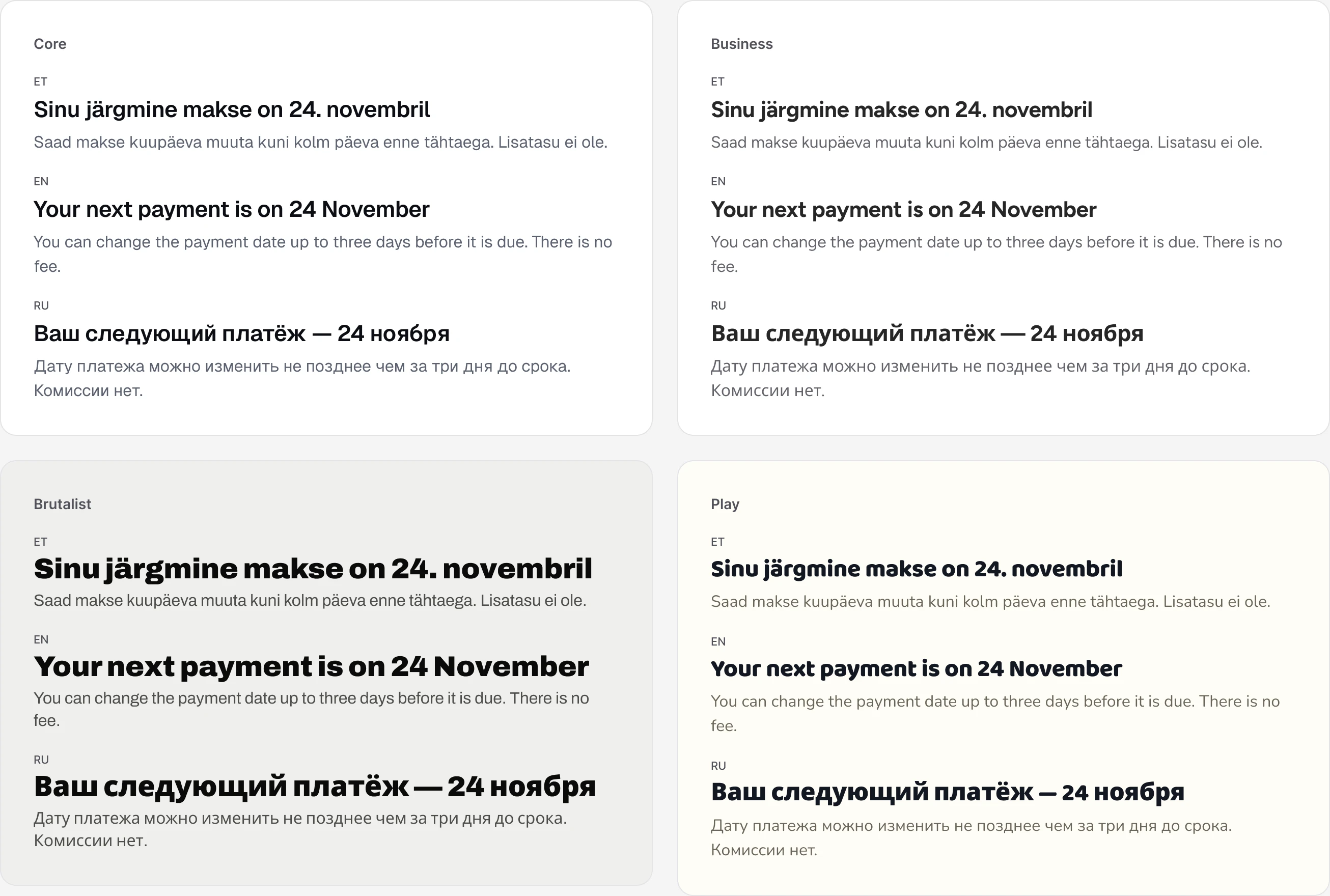 The same heading and body styles in each brand, set in Estonian, English and Russian
