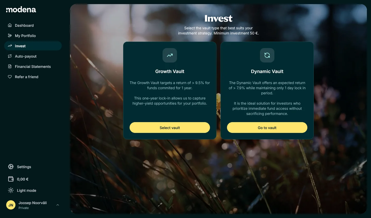 Invest page showing vault products and returns