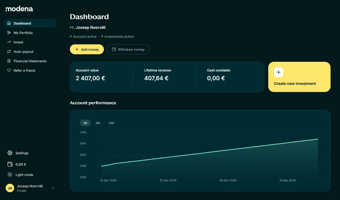 Modena Capital main dashboard