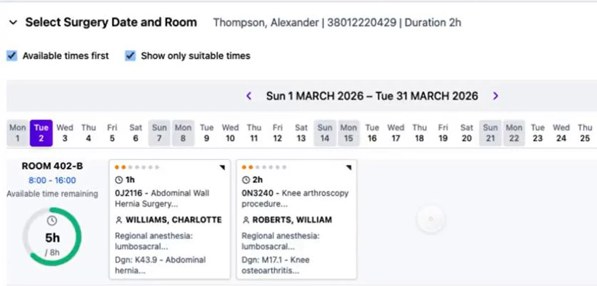 Nortal eHealth Select Surgery Date and Room screen — date strip, room 402-B with remaining time ring and surgery cards