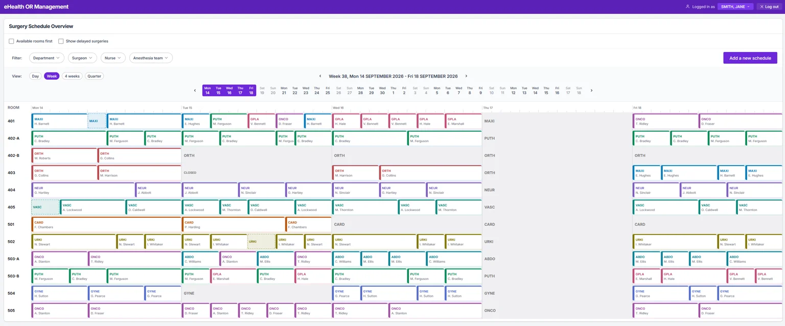Surgery Schedule Overview — week view with operating rooms as rows and colour-coded surgery cards per department