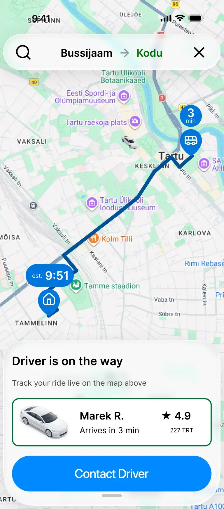OpenRide live tracking screen showing driver location and ETA