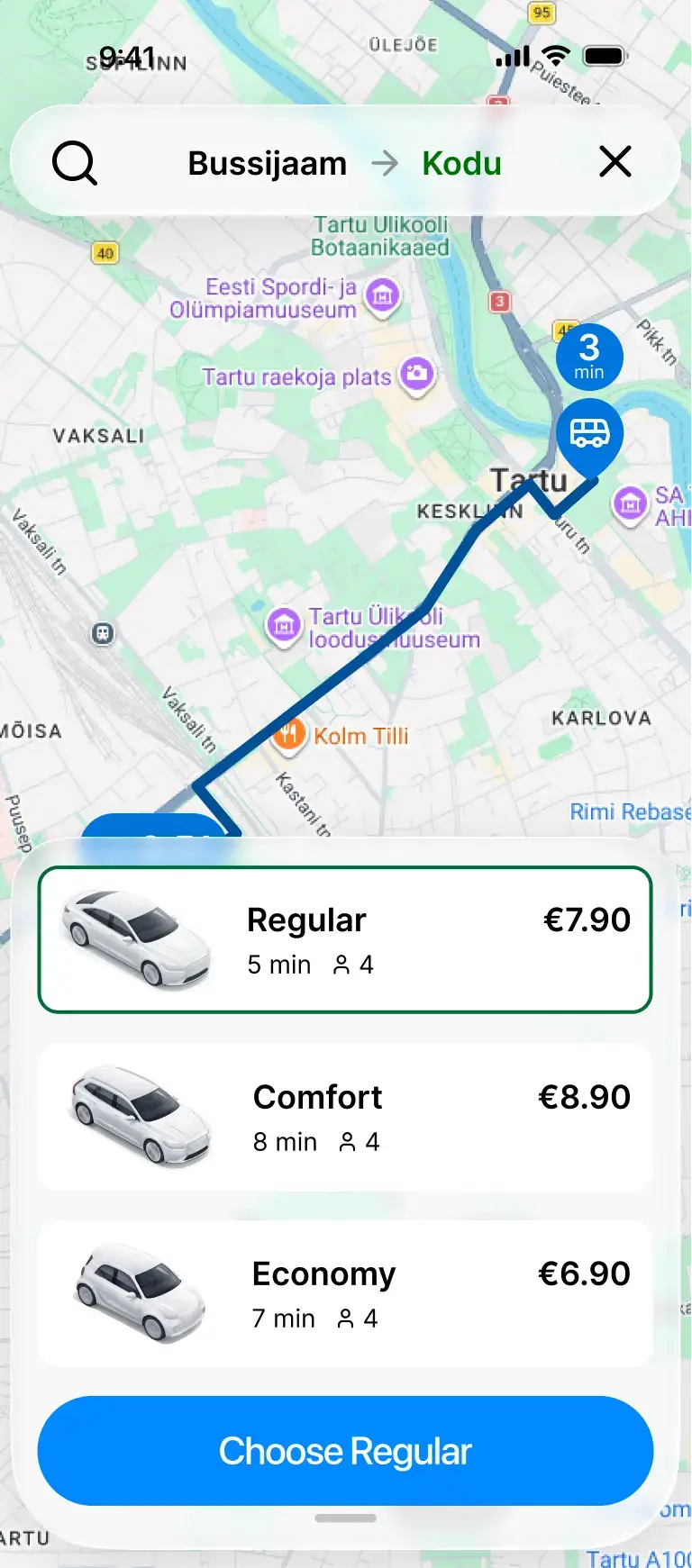 OpenRide ride-selection screen showing three car options with ETA and fare