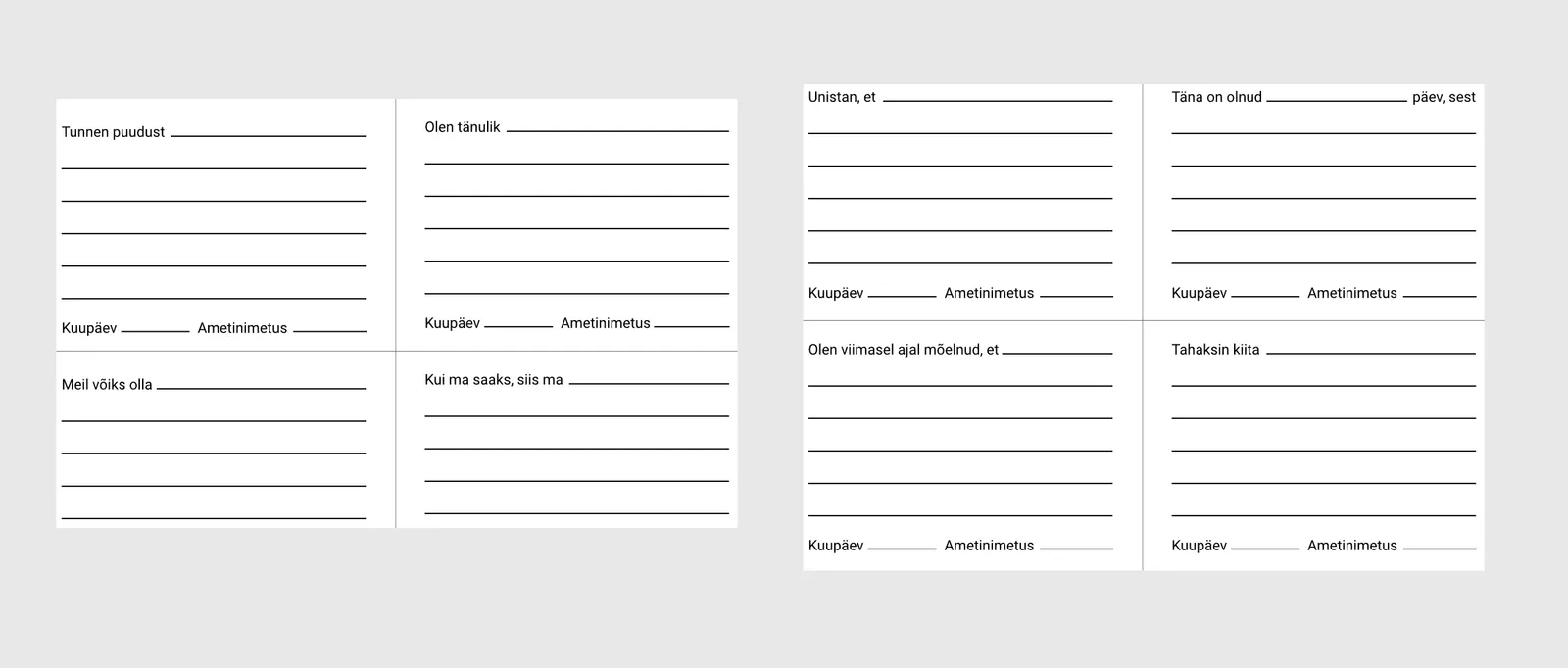 Prompt cards with sentence starters