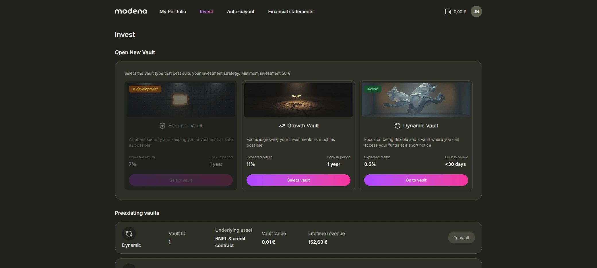 Vault overview showing investment products and returns