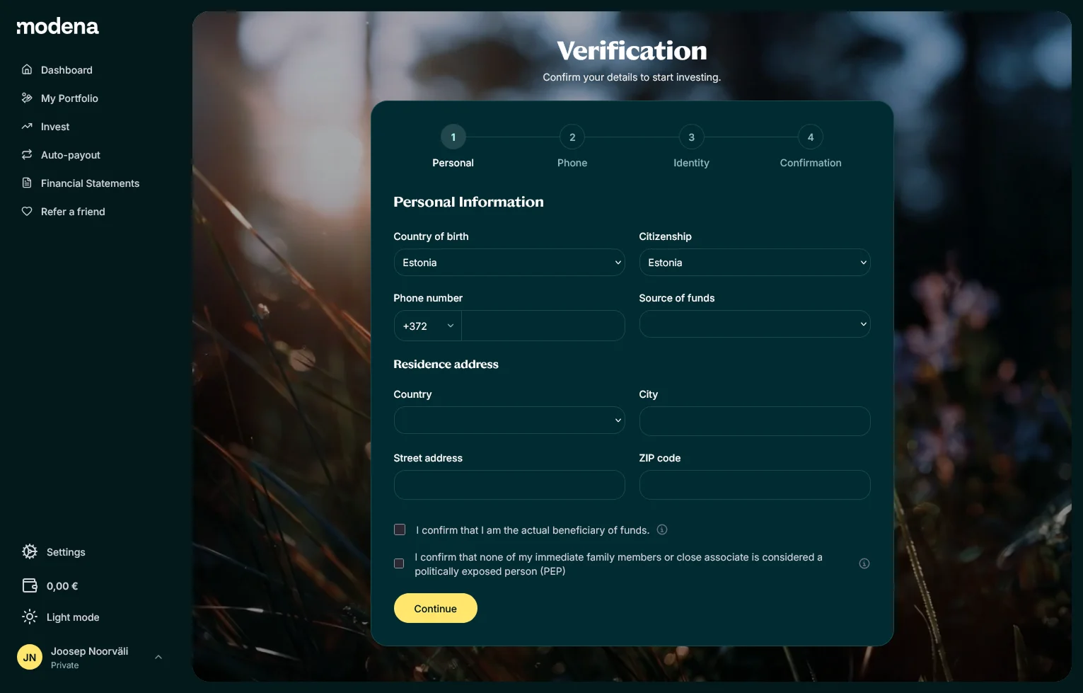 Verification start screen for investor onboarding